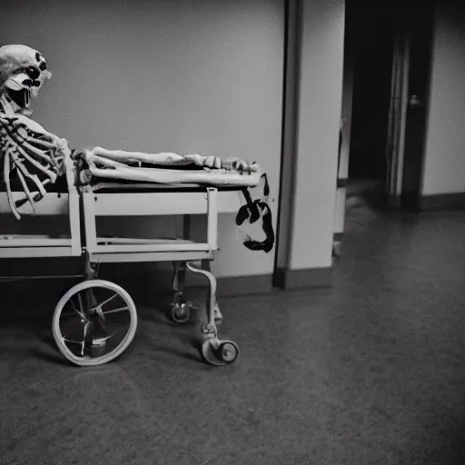 Prompt: a skeleton is wheeled by. to go to hospital. cinematic 3 5 mm