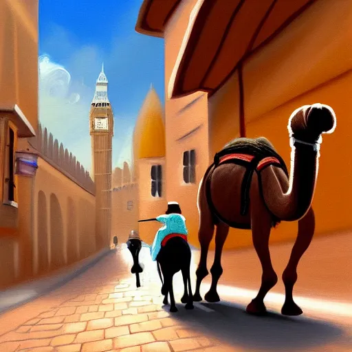 Image similar to A painting of a mouse Riding a camel through a narrow street in london, highly detailed, digital painting, Artstation, smooth