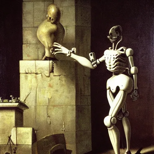 Image similar to painting of old man shaking hands with a robot in a graveyard, liminal, gothic, eerie, intricate, detailed, award winning painting, art by caravaggio,