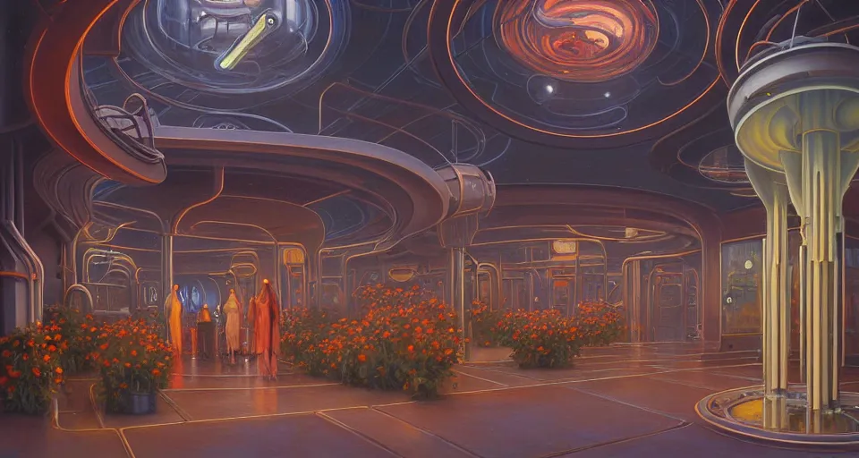 Image similar to a minimalist oil painting by donato giancola, warm coloured, cinematic scifi bioluminescent luxurious futuristic foggy steam filled art deco garden circular shopping mall interior with microscopy minimalist giant windows flowers growing out of pretty bulbous ceramic fountains, gigantic pillars and flowers, maschinen krieger, beeple, star trek, star wars, ilm, star citizen