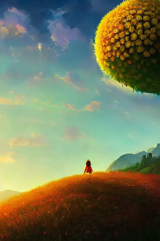 Image similar to giant daisy flower head, girl hiking in the mountains, surreal photography, sunrise, dramatic light, impressionist painting, colorful clouds, digital painting, artstation, simon stalenhag