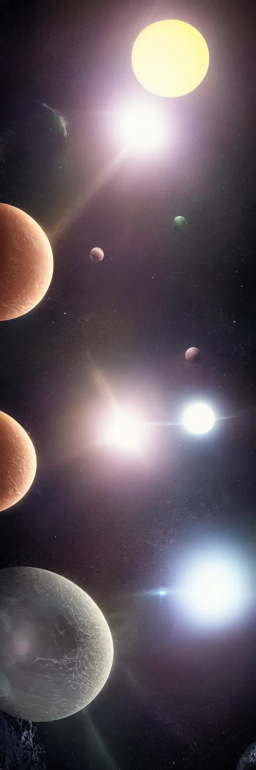 Prompt: an alien planet orbiting around two suns, with three moons, viewed from space, extremely detailed, beautiful, high quality image, dynamic lighting, photorealistic, trending on art station, stunning visuals, creative, cinematic, ultra detailed