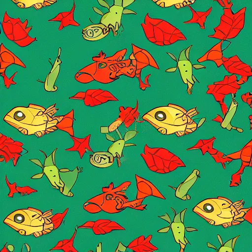 Prompt: a repeating pattern of leaves and fish kissing frogs in the style of pokemon