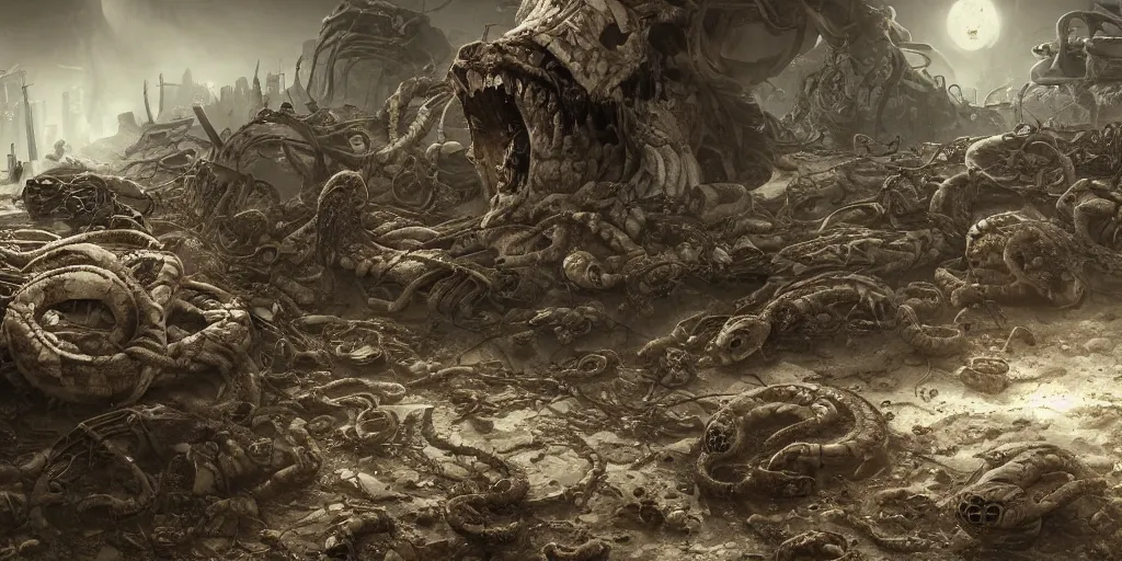 Prompt: snakes crawling from skulls in apocalyptic wasteland, depressing, morbid, surreal, 4 k, digital art, concept art, trending on artstation, highly detailed, epic composition