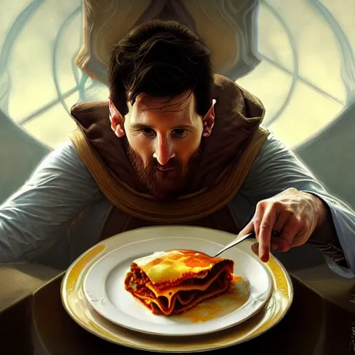 Prompt: Messi eating lasagna, closeup, D&D, fantasy, intricate, elegant, highly detailed, digital painting, artstation, concept art, matte, sharp focus, illustration, art by Artgerm and Greg Rutkowski and Alphonse Mucha