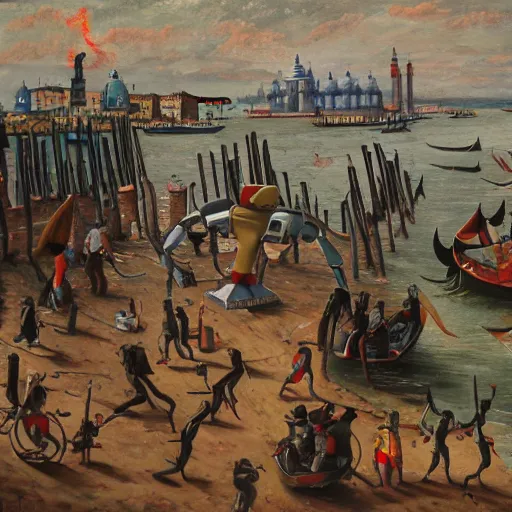 Prompt: a 1 8 th painting of a humanoid robots invasion in venice