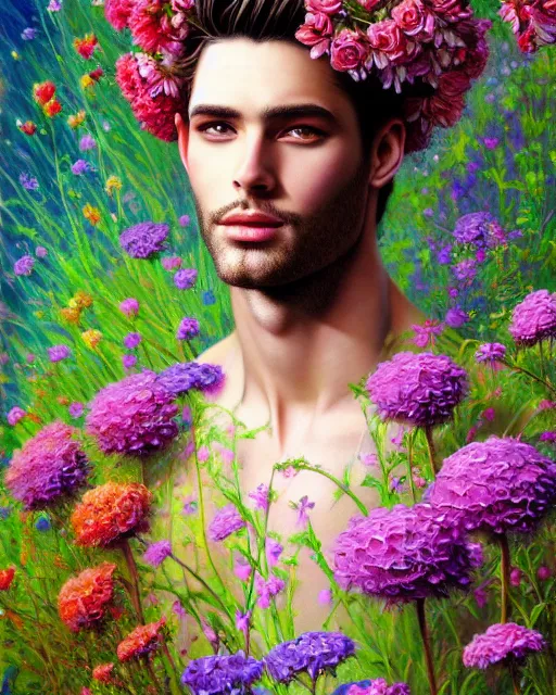 Image similar to a painting of a beautiful man surrounded by flowers, an ultrafine detailed painting, by mark brooks, centered full body, featured on deviantart, fantasy art, detailed painting, deviantart, anime