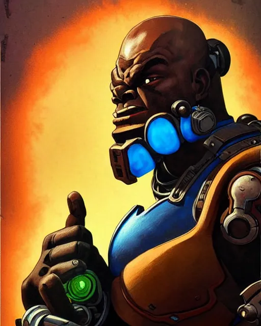 Image similar to doomfist from overwatch, character portrait, portrait, close up, concept art, intricate details, highly detailed, vintage sci - fi poster, retro future, vintage sci - fi art, in the style of chris foss, rodger dean, moebius, michael whelan, and gustave dore