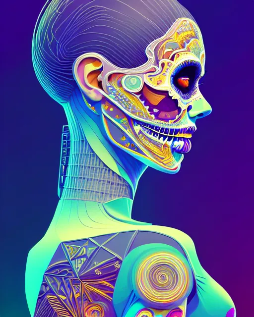 Prompt: ultra detailed beautiful female android, side portrait, sharp focus, highly detailed vfx portrait, geometric shapes, global illumination, by james jean and liam brazier and victo ngai and tristan eaton and wlop, vector art, digital illustration, concept art, dia de los muertos. 8 k, hdr