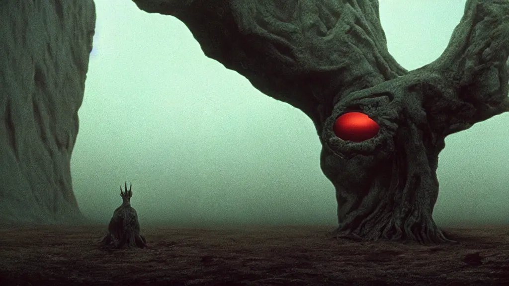 Image similar to a television sits directly in front of the viewer, a strange creature peaks out from behind, film still from the movie directed by Denis Villeneuve with art direction by Zdzisław Beksiński, wide lens