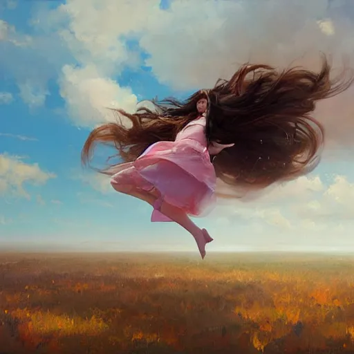 Prompt: girl with long brown hair flying high in the sky between fluffy pink clouds, Greg Rutkowski, dynamic lighting, cheerful, award-winning oil painting,