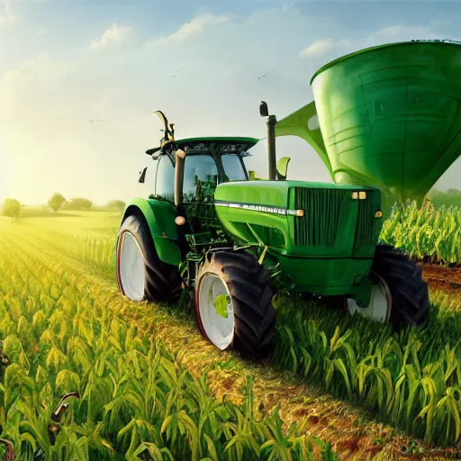 Image similar to huge green agricultural tractor robot in the corn field, sphere shape, robots, humanoid, farming, highly detailed digital painting, artstation, concept art, smooth, sharp focus, illustration, art by artgerm and greg rutkowski, unreal engine