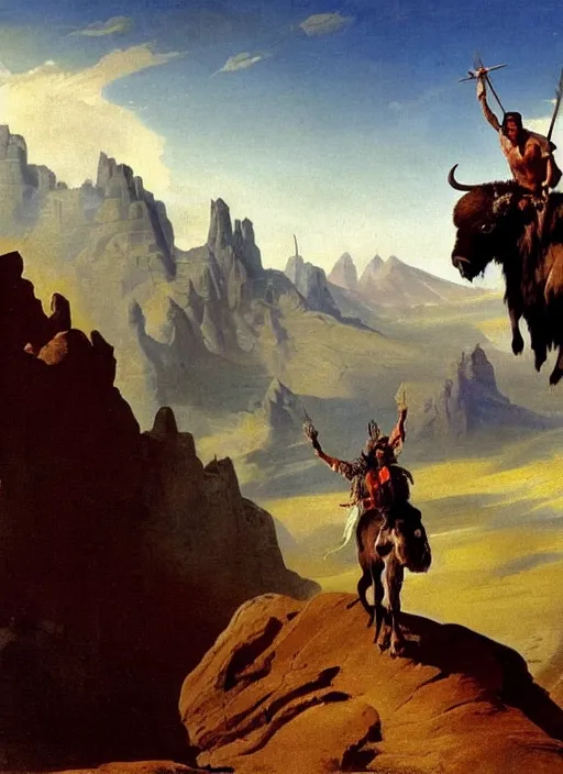 Image similar to willem dafoe as a native american riding bison, buffalo, native american warrior, mountain range, beautiful sky, standing on the edge of a cliff, 1 9 th century, painted by frazetta