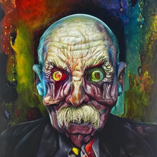 Prompt: macabre magic realism portrait of dying, old man sitting in chair and melting into unreal colors : : oil painting by ivan albright