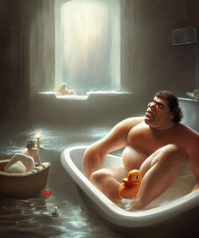 Prompt: andre the giant, cinematic, in a bathtub, holding a rubber ducky, elegant, highly detailed, digital painting, artstation, smooth, hard focus, illustration, art by jessica rossier and and brian froud