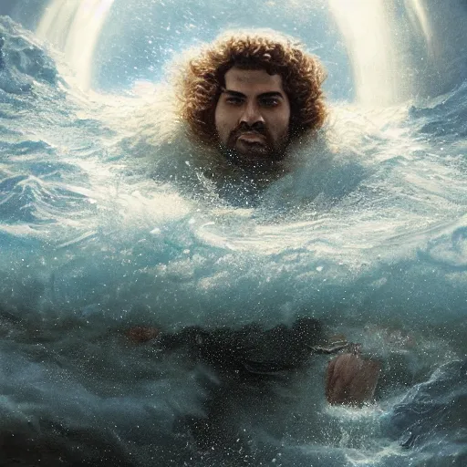 Image similar to a curly - haired persian guy swimming in the latent space by david a hardy, noriyoshi ohrai, gary ruddell, greg rutkowski highly detailed, cinematic composition, trending on artstation