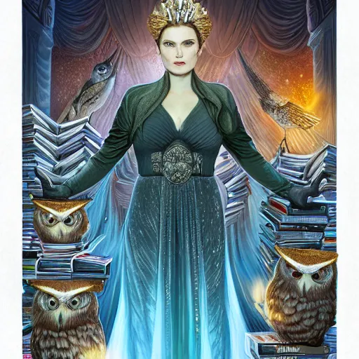 Prompt: a portrait of alexandra breckenridge as the goddess minerva surrounded by stacks of books, and owls, bioluminescent gown with deep level of detail of esoteric symbols, urban motifs, intricate, elegant, highly detailed, digital painting, trending on artstation, concept art, smooth sharp focus, illustration, art by artgerm and greg rutkowski