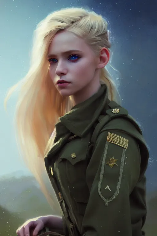 Image similar to cinematic shot of an epic portrait of a cute blonde fairy dressed in military clothes, stylised military clothes, shiny skin, beautiful eyes, beautiful, small details, night setting, realistic poster with volumetric light from jeremy lipkin and michael garmash, craig mallism, artgerm, unreal engine, radiant light, digital art, trends at art station, a masterpiece