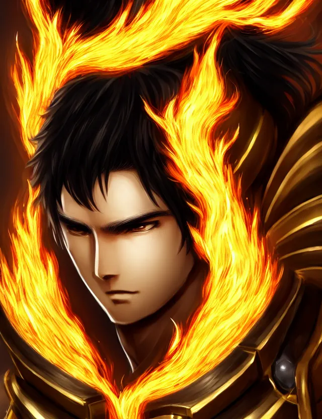 Image similar to a detailed manga portrait of a black haired man with hazel eyes in gleaming golden armour that burns with golden fire, trending on artstation, digital art, 4 k resolution, detailed, high quality, sharp focus, hq artwork, coherent, insane detail, character portrait