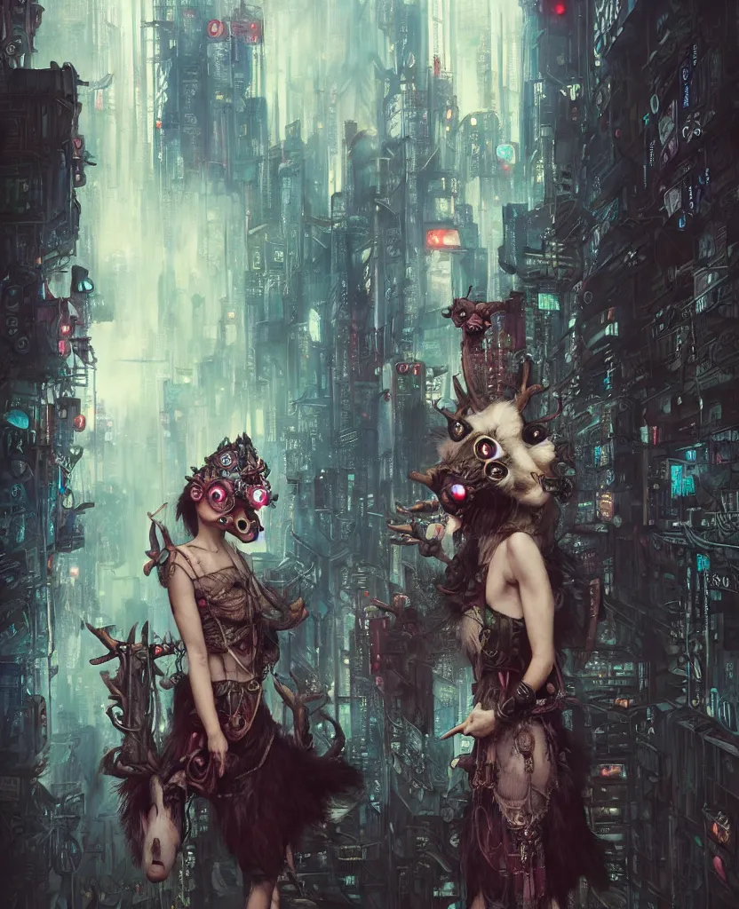 Image similar to hyper realistic Princess Mononoke, spooky mask, busy cyberpunk metropolis, city landscape, jewels, style of tom bagshaw, mucha, james gurney, norman rockwell, denoised, sharp