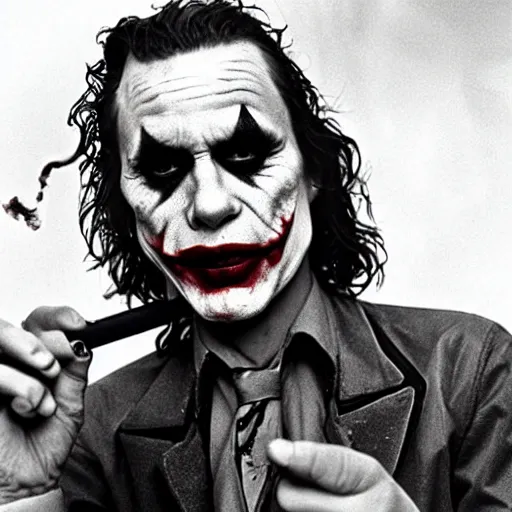 Image similar to photograph of the joker smoking a joint at woodstock, close - up shot, circa 1 9 6 9