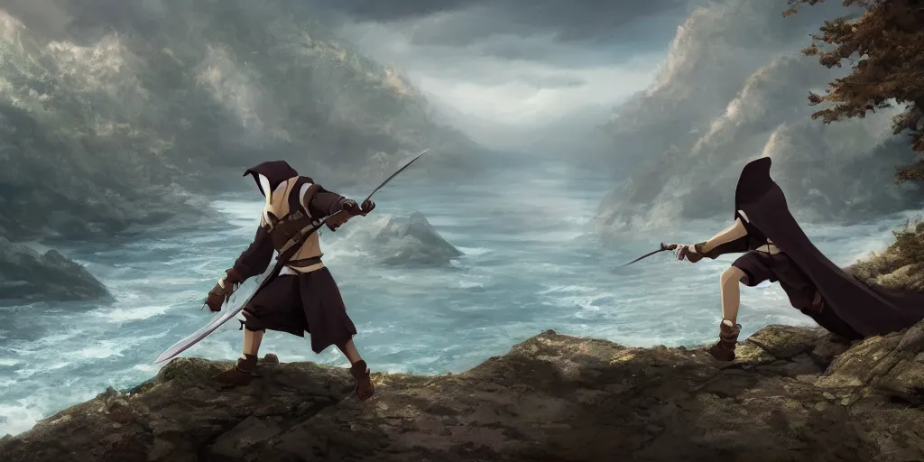 Prompt: a beautiful cinematic image of a hooded boy wielding a sword on a beautiful cliff side below a river, cinematic, 4k, realistic, anime artwork, rtx, hyperrealistic, unreal