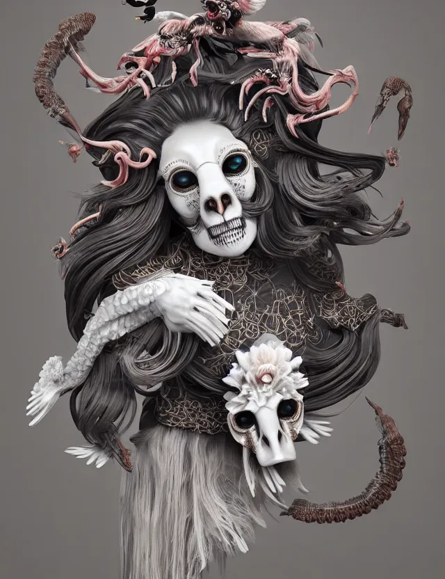 Image similar to 3 d goddess ram skull half - turn portrait with long hair with ram skull. beautiful intricately detailed japanese crow kitsune mask and clasical japanese kimono. betta fish, jellyfish phoenix, bio luminescent, plasma, ice, water, wind, creature, artwork by tooth wu and wlop and beeple and greg rutkowski