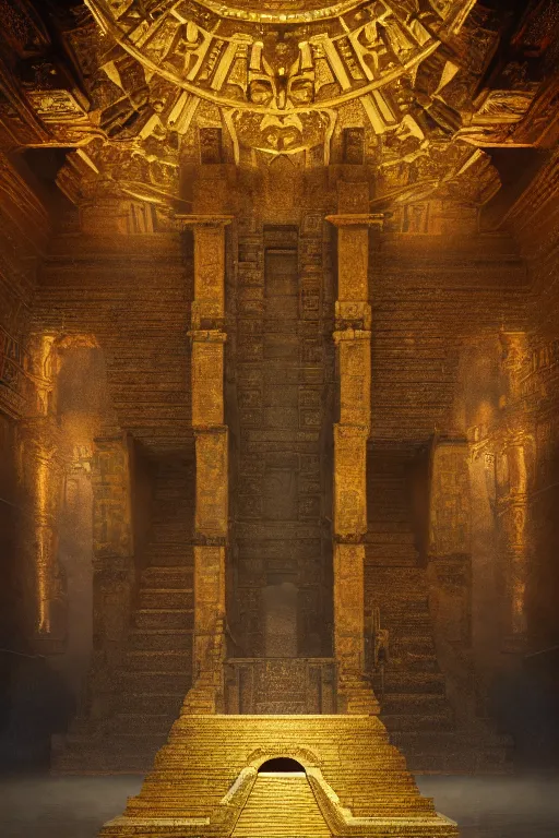 Image similar to inside a majestic aztec temple made of gold, intricate, elegant, volumetric lighting, digital painting, highly detailed, artstation, sharp focus, illustration, concept art, ruan jia, steve mccurry