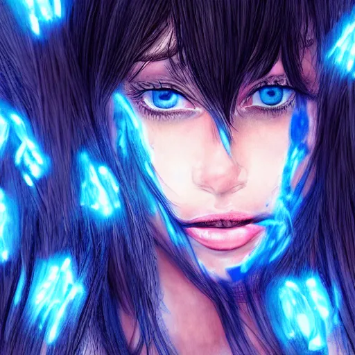 Image similar to beautiful monster girl, black hair, blue eyes, glowing skin, photorealistic