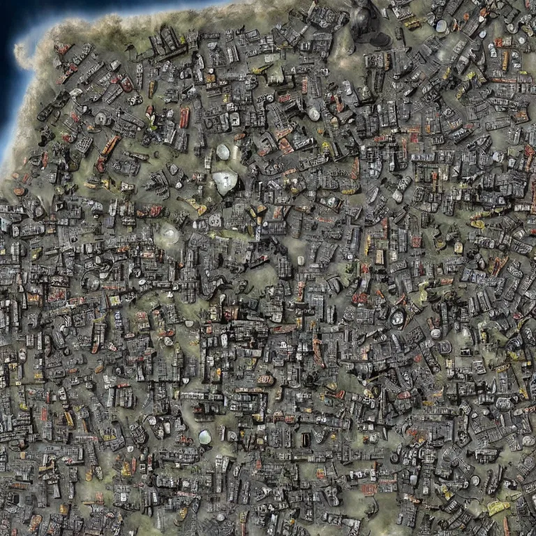 Prompt: Satellite image of Warhammer 40K city