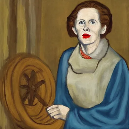 Prompt: margaret thatcher as a 1 2 th century peasant woman in england, painting, exhibited at british museum, oil on canvas, restored, art