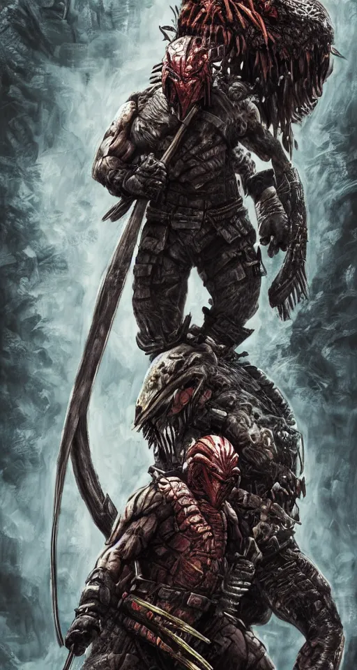 Image similar to movie film poster art for hiroyuki sanada battling predator. in the style of ansel adams, frank frazzetta, realistic, detailed, octane