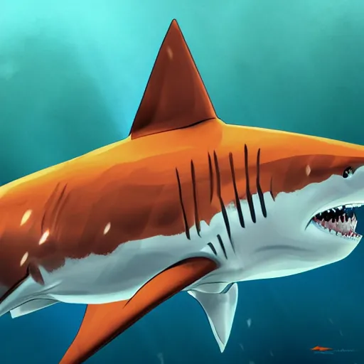 Image similar to great white shark tiger shark, side view, with a silver and orange striped traffic cone construction cone on its dorsal fin, ocean background detailed atmospheric - ron cheng & alphonse mucha, highly detailed, digital painting, ray tracing, concept art, illustration, smooth sharp focus, intricate, symmetry, artstation,