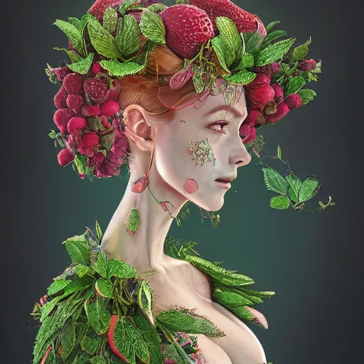 Prompt: the portrait of an absurdly beautiful, graceful, elegant, sophisticated, fashionable woman made of strawberries and green petals looking up, an ultrafine hyperdetailed illustration by kim jung gi, irakli nadar, intricate linework, bright colors, octopath traveler, final fantasy, unreal engine 5 highly rendered, global illumination, radiant light, detailed and intricate environment