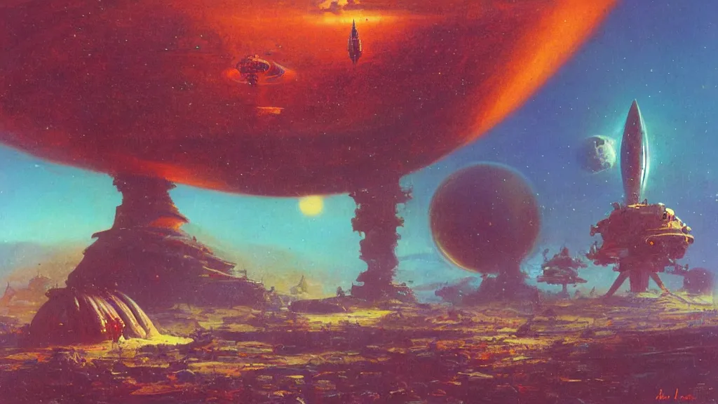 Image similar to a tall spaceship landing on a strange eerie alien planet by Paul Lehr and Bruce Pennington