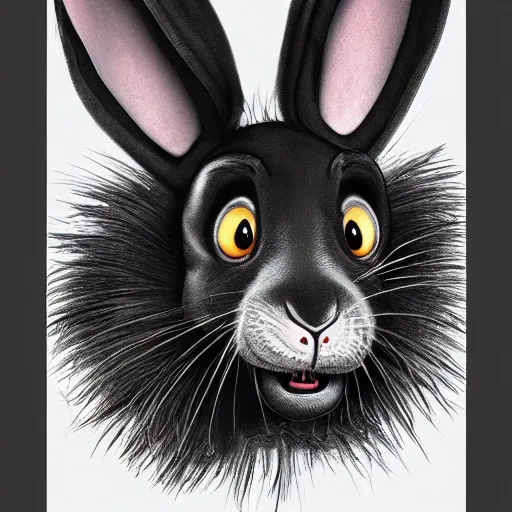 Image similar to A extremely highly detailed majestic hi-res beautiful, highly detailed head and shoulders portrait of a scary terrifying, horrifying, creepy black cartoon rabbit with scary big eyes, earing a shirt laughing, hey buddy, let's be friends, in the style of Walt Disney animation