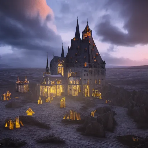 Image similar to medieval baroque castle made of crystal shards, epic landscape, iceland photography, cinematic, octane render, art station, dramatic lighting, beautiful dusk sky, concept art, rococo, photorealistic, intense detail, 8 k