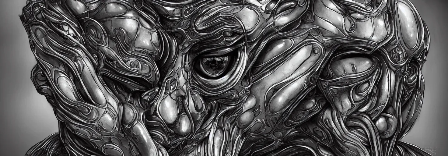 Prompt: engineer alien face by Artgerm, alien, highly detailed, symmetrical long head, smooth marble surfaces, detailed ink illustration, raiden metal gear, cinematic smooth stone, deep aesthetic, concept art, post process, 4k, carved marble texture and silk cloth, latex skin, highly ornate intricate details, moody lighting, hr geiger, hayao miyazaki, by Artgerm