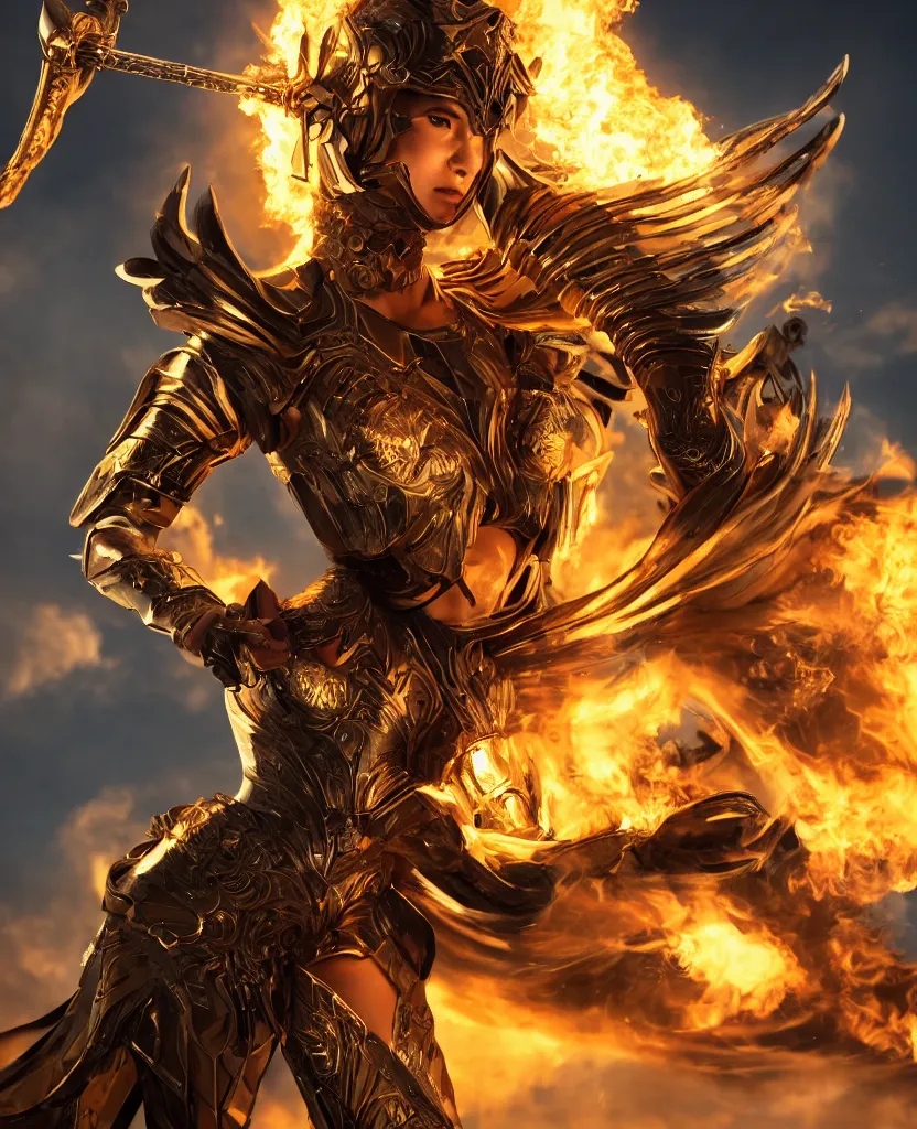 Prompt: Angled profile shot of a fiercely beautiful woman in golden angelic battle armor wielding a flaming sword, action shot, cinematic, epic, 4k, stylized, realism