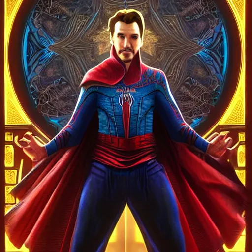 Image similar to spiderman as doctor strange, using his mystic arts, dynamic lighting, photorealistic fantasy concept art, trending on art station, stunning visuals, creative, cinematic, ultra detailed