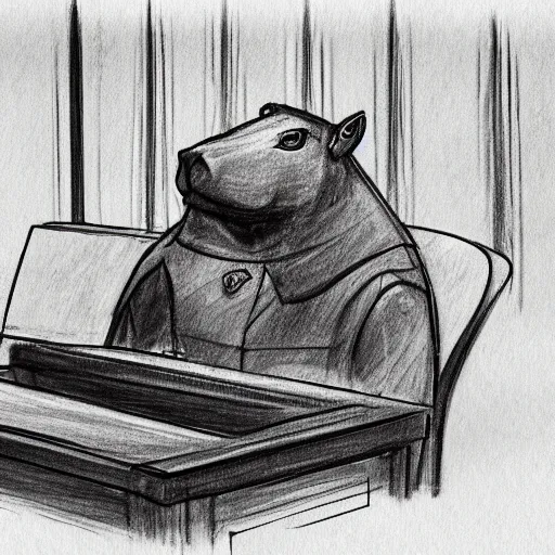 Image similar to courtroom sketch of a capybara on trial, photograph, trending on artstation, 4k, concept art