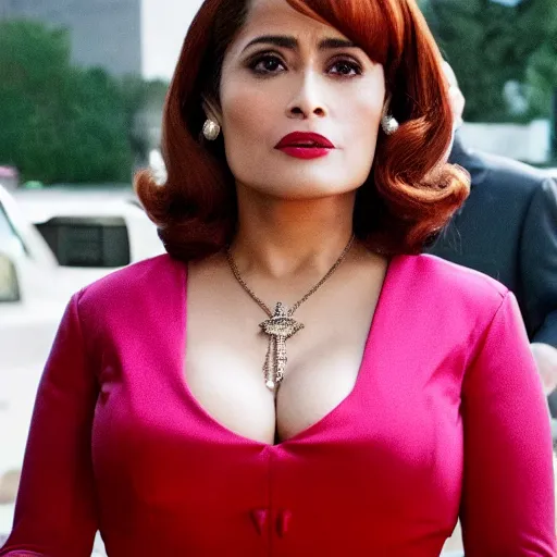 Prompt: a movie still of Selma Hayek in new Mad Men movie as Joan Holloway