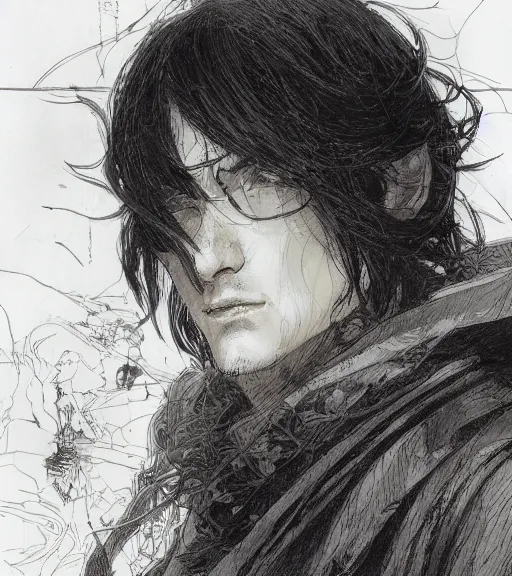 Prompt: portrait of anime man with long hair wearing a dark robe, pen and ink, intricate line drawings, by craig mullins, ruan jia, kentaro miura, greg rutkowski, loundraw