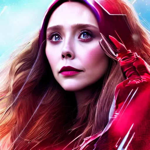 Image similar to A portrait of elizabeth Olsen as scarlet witch with the scarlet witch headpiece, cinematic, digital art, amazing detail