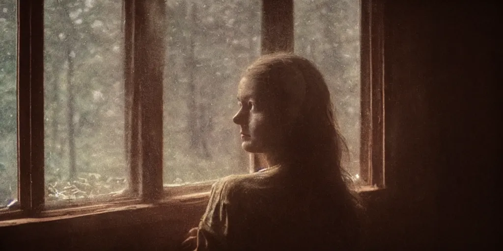Image similar to portrait bust of young woman, tired expression, faded color film, russian cinema, tarkovsky, kodachrome, inside old cabin, next to window, heavy forest outside, long brown hair, old clothing, heavy fog, brown color palette, hudson river school, 4 k, dramatic lighting, greg rutkowski