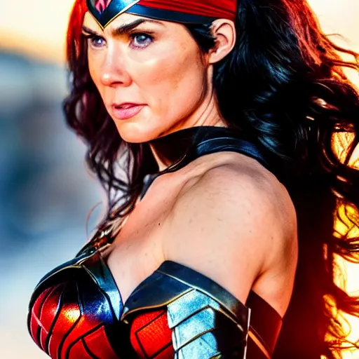 Prompt: A wide angle shot of athletic Wonder Woman from Justice League movie with headband and armor, stunning photorealistic image, 200mm F/2.0