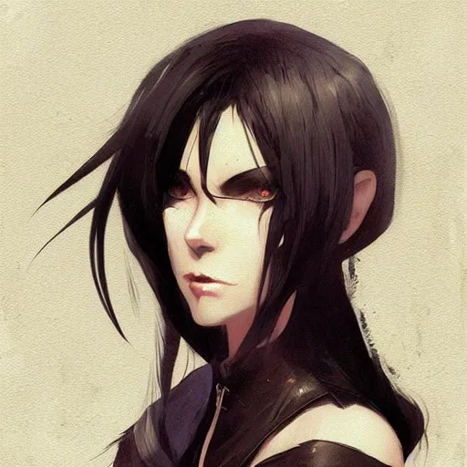 Image similar to female human vampire witch in the style of greg rutkowski, makoto shinkai, trending on artstation, character design, concept art, pretty face, highly detailed, long black hair, portrait, digital art