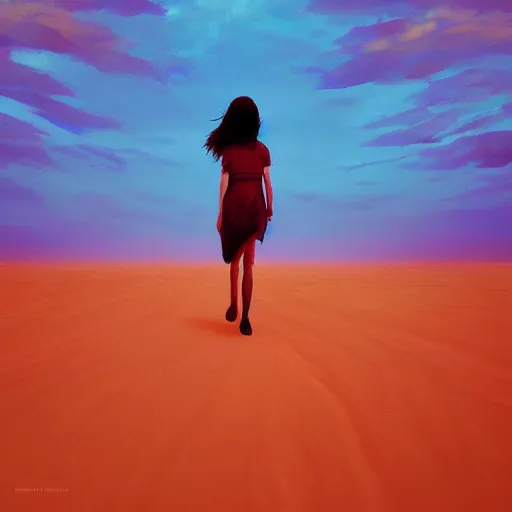 Prompt: closeup giant dahlia flower as a head, a girl walking between dunes, surreal photography, sunrise, blue sky, dramatic light, impressionist painting, digital painting, artstation, simon stalenhag