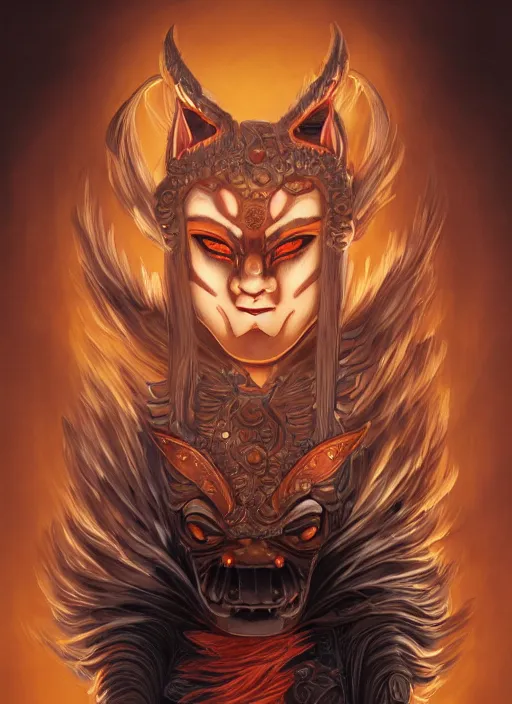 Image similar to a beautiful detailed oil on copper art illustration of a japanese oni kitsune mask devil woman, the mask is broken, centered, by charlie bowater, zeng fanzh, trending on artstation, dim dusk lighting, cinematic lighting, detailed lighting, volumetric lighting, realistic, f 8, 4 k hd wallpaper