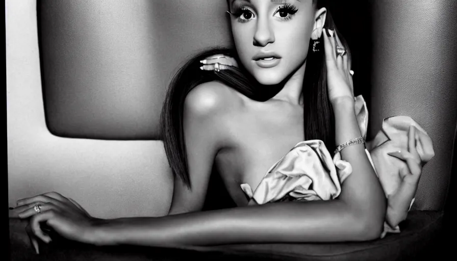 Image similar to award winning photo of Ariana Grande on a chesterfield lounge, symmetrical face, beautiful eyes, studio lighting, wide shot art by Sally Mann & Arnold Newman